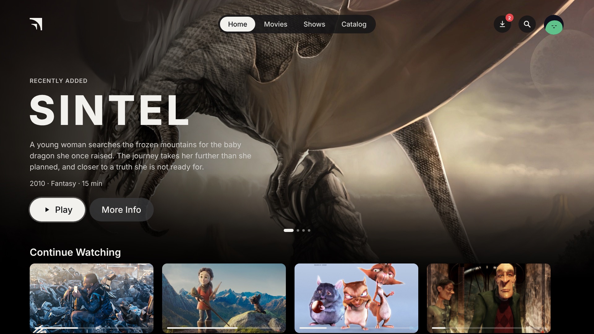 nightfin on a TV: the home screen featuring Sintel